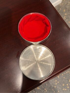Vintage Tiffany & Co. Handcrafted Pewter Round Trinket Box - Red Velvet Lined